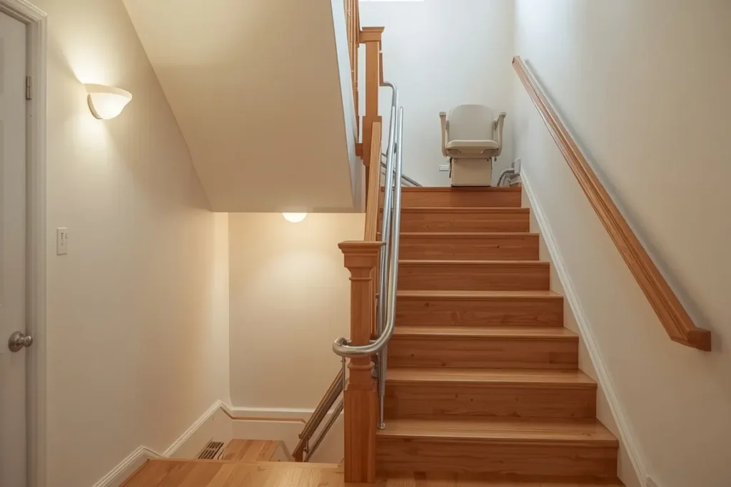 Stair lift rail running up a wooden staircase with the empty seat parked at the top
