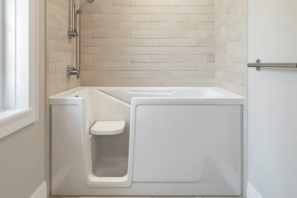 White walk-in tub with a low side opening, a built-in seat and a handheld shower in a tiled bathroom alcove