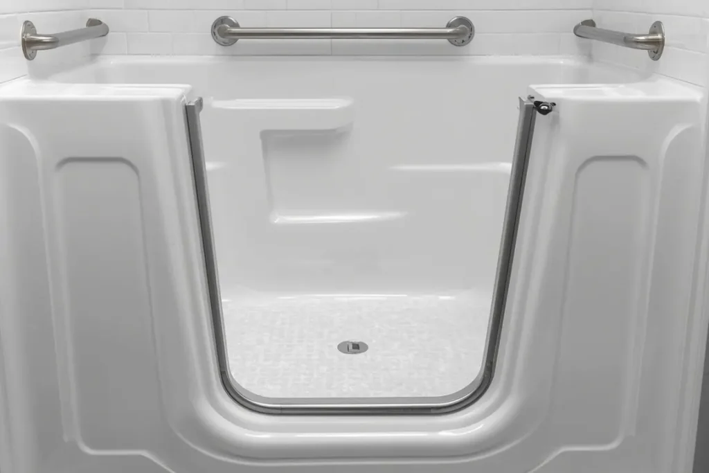Close-up of a walk-in tub door with its watertight seal, a low step-in threshold and a stainless steel grab bar on the wall